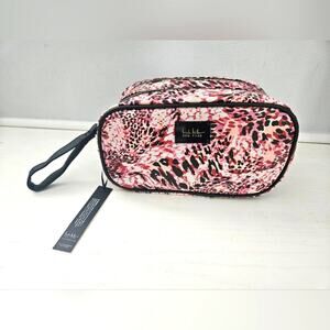 Nicole Miller pink and black cosmetic travel case with zipper closure and handle